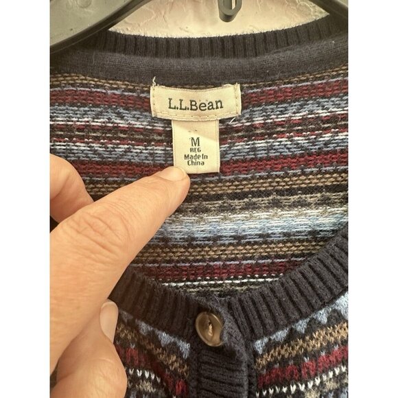 LL Bean Nordic Fair Isle‎ Cardigan Sweater Blue Cotton Cashmere Size M Grandma - Picture 3 of 8